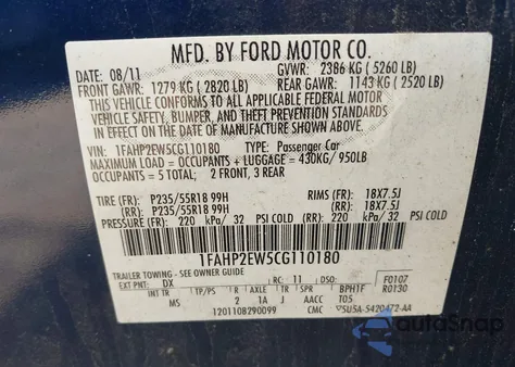 2012 Ford Taurus Sel из США, поврежденный, VIN 1FAHP2EW5CG110180